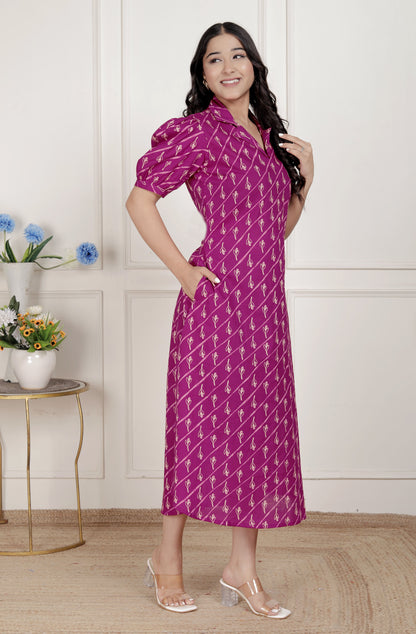 Miravan Womens Magenta Floral Printed Cotton Dress with one side Pocket