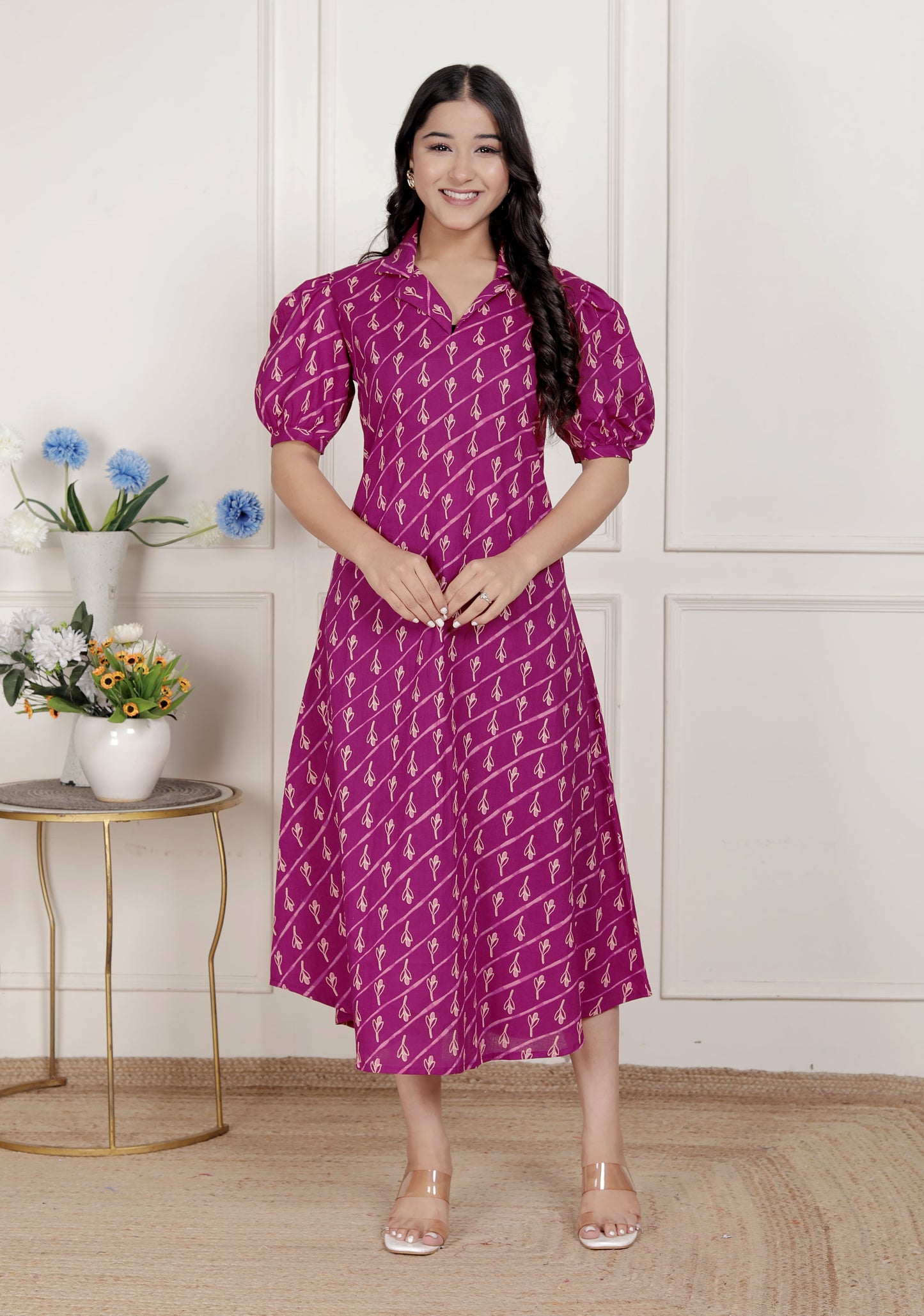 Miravan Womens Magenta Floral Printed Cotton Dress with one side Pocket