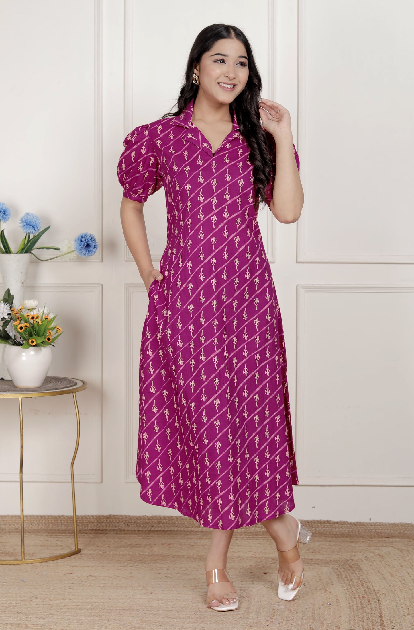 Miravan Womens Magenta Floral Printed Cotton Dress with one side Pocket