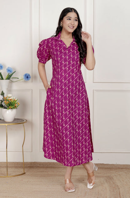 Miravan Womens Magenta Floral Printed Cotton Dress with one side Pocket