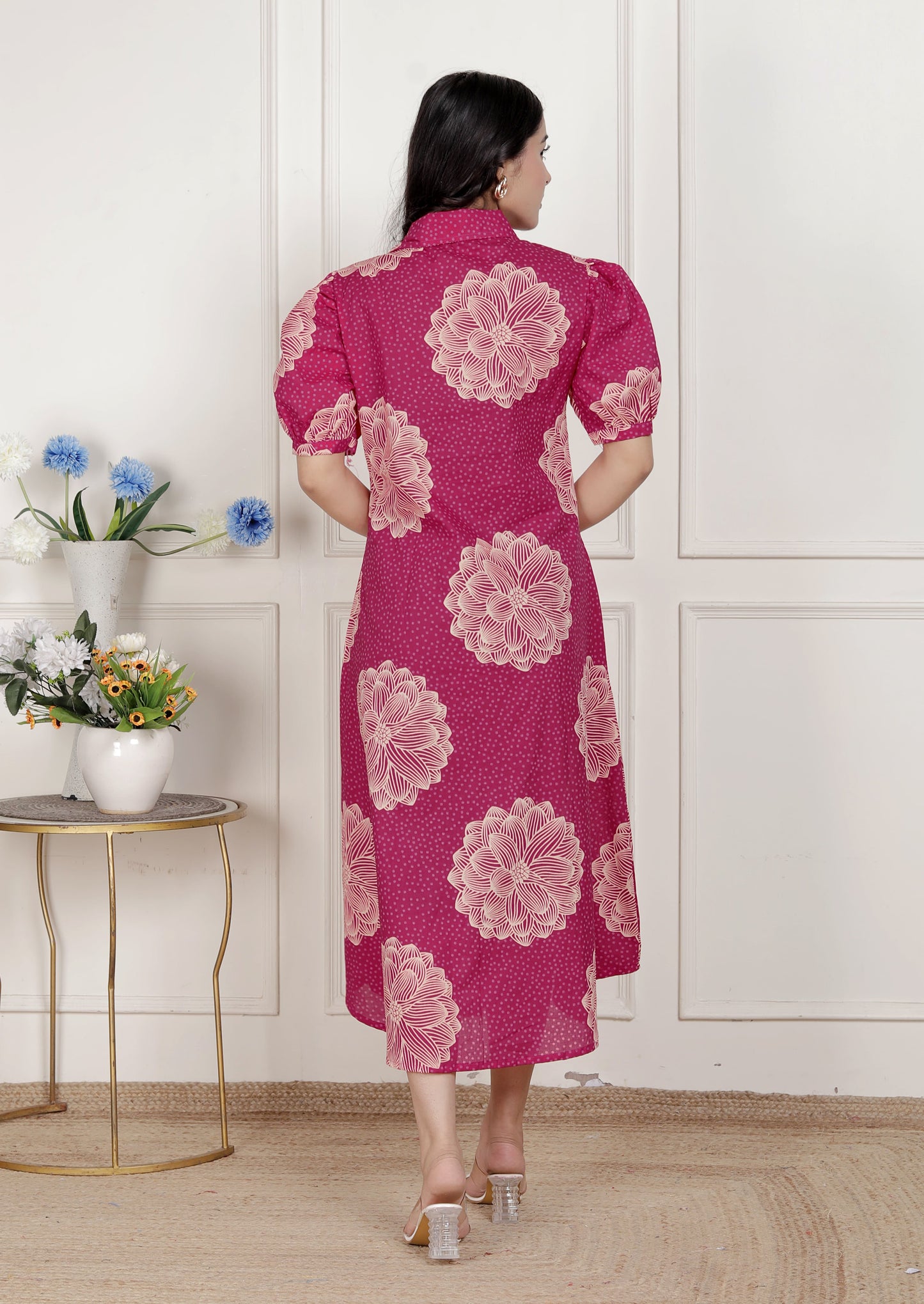 Miravan Womens Pink Printed Collar Neck Short Puff Sleeves Cotton A-Line Maxi Dress