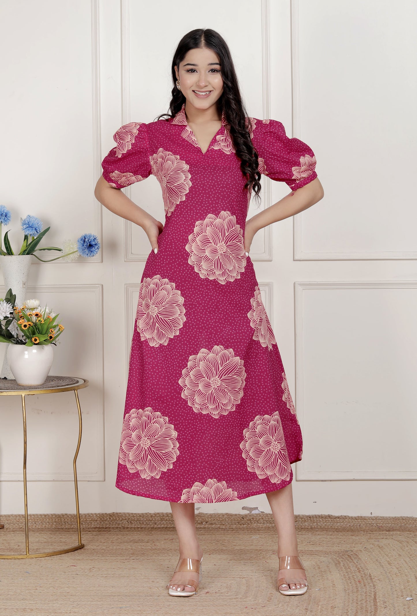 Miravan Womens Pink Printed Collar Neck Short Puff Sleeves Cotton A-Line Maxi Dress