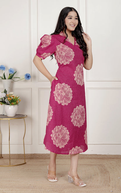 Miravan Womens Pink Printed Collar Neck Short Puff Sleeves Cotton A-Line Maxi Dress