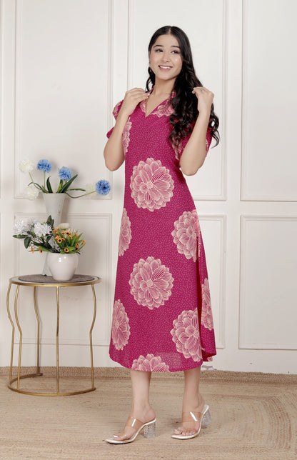 Miravan Womens Pink Printed Collar Neck Short Puff Sleeves Cotton A-Line Maxi Dress