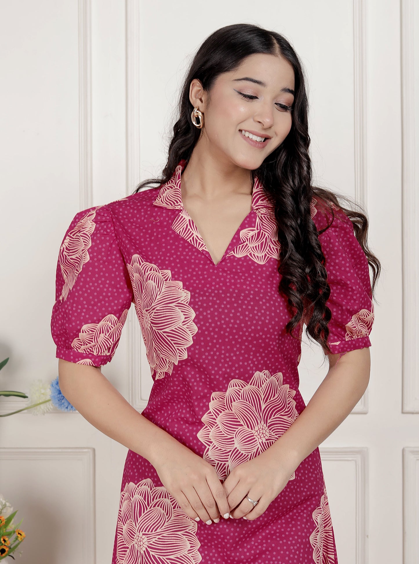 Miravan Womens Pink Printed Collar Neck Short Puff Sleeves Cotton A-Line Maxi Dress