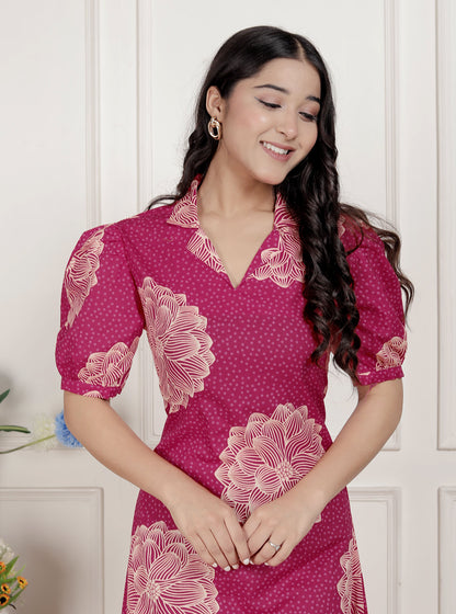 Miravan Womens Pink Printed Collar Neck Short Puff Sleeves Cotton A-Line Maxi Dress