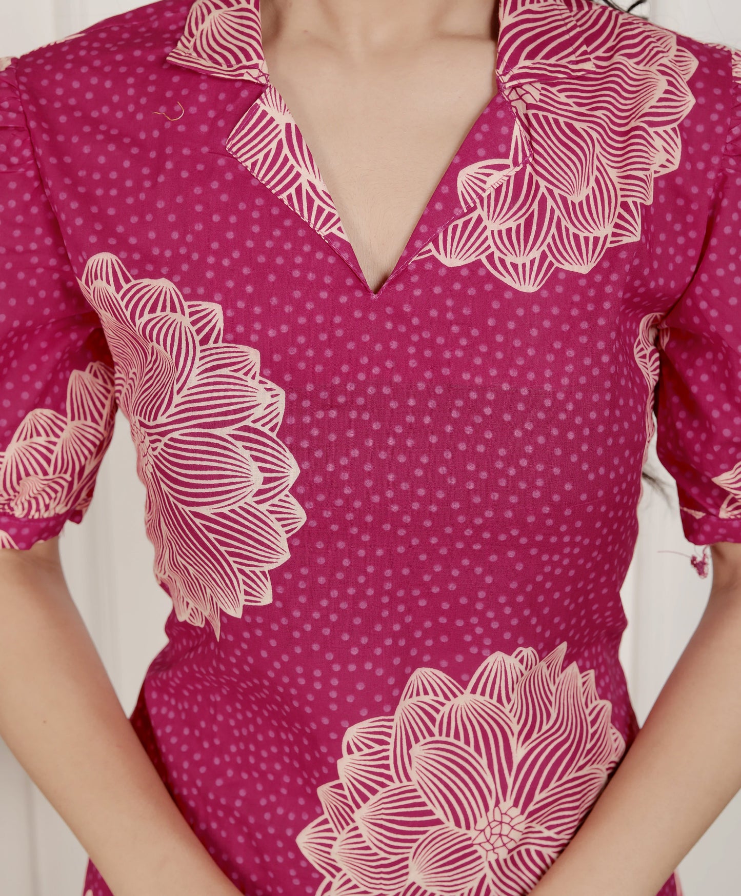 Miravan Womens Pink Printed Collar Neck Short Puff Sleeves Cotton A-Line Maxi Dress