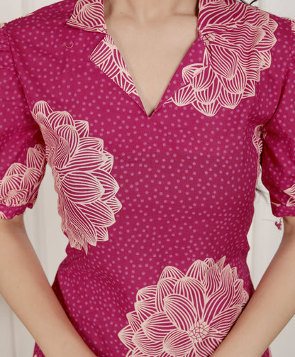 Miravan Womens Pink Printed Collar Neck Short Puff Sleeves Cotton A-Line Maxi Dress