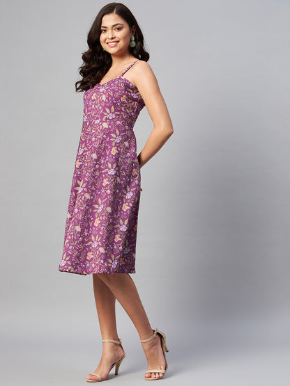 Women's Purple Floral Printed Midi Length Dress - Miravan