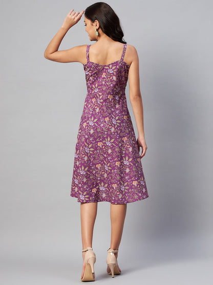 Women's Purple Floral Printed Midi Length Dress - Miravan
