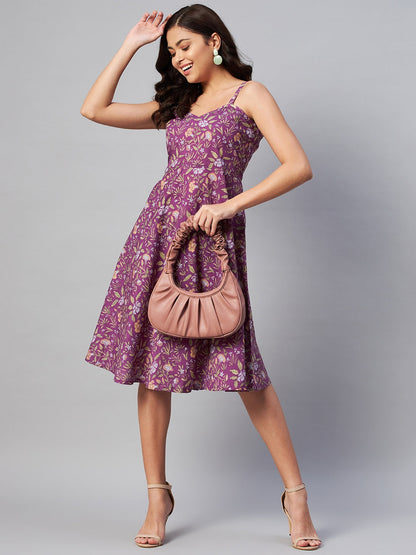 Women's Purple Floral Printed Midi Length Dress - Miravan