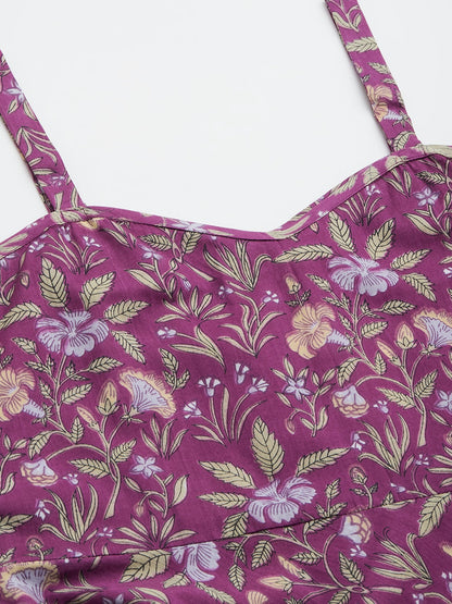Women's Purple Floral Printed Midi Length Dress - Miravan