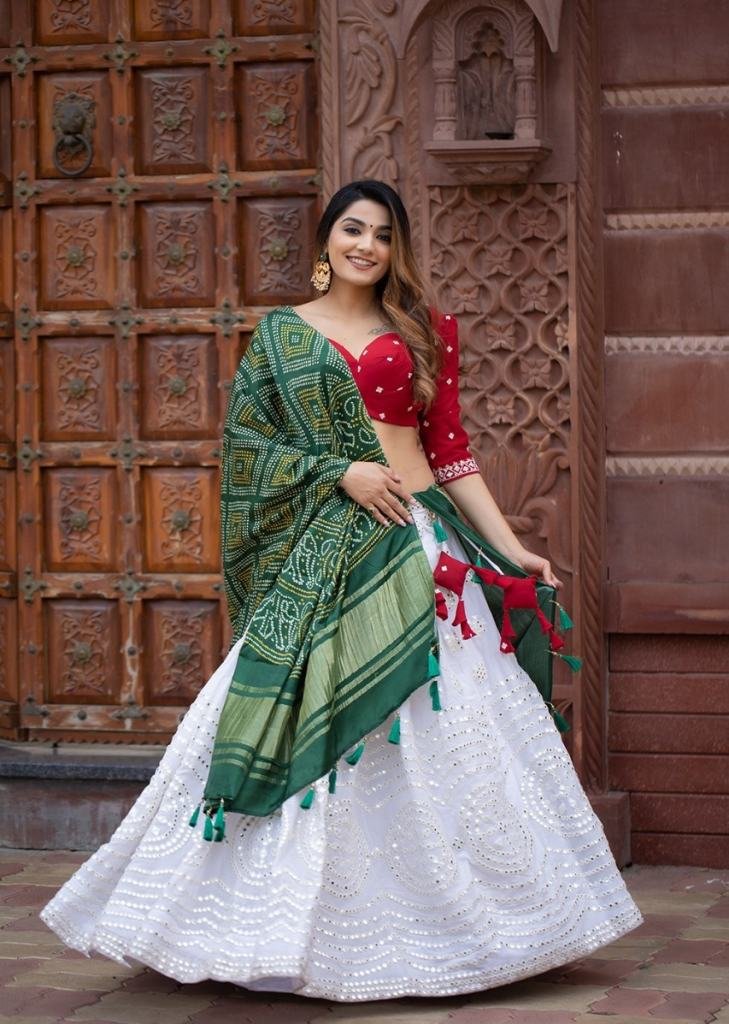 White Georgette Mirror Work Navratri Chaniya Choli