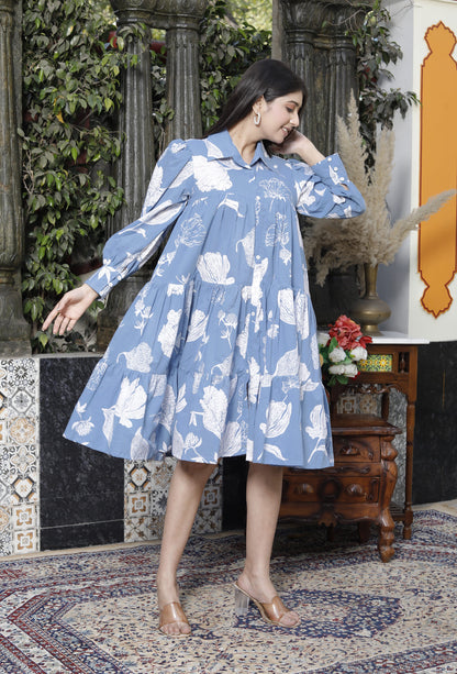 Miravan Womens Sky Blue Flower Printed Pure Cotton Collar Neck Loose Fit A-Line Tiered Dress