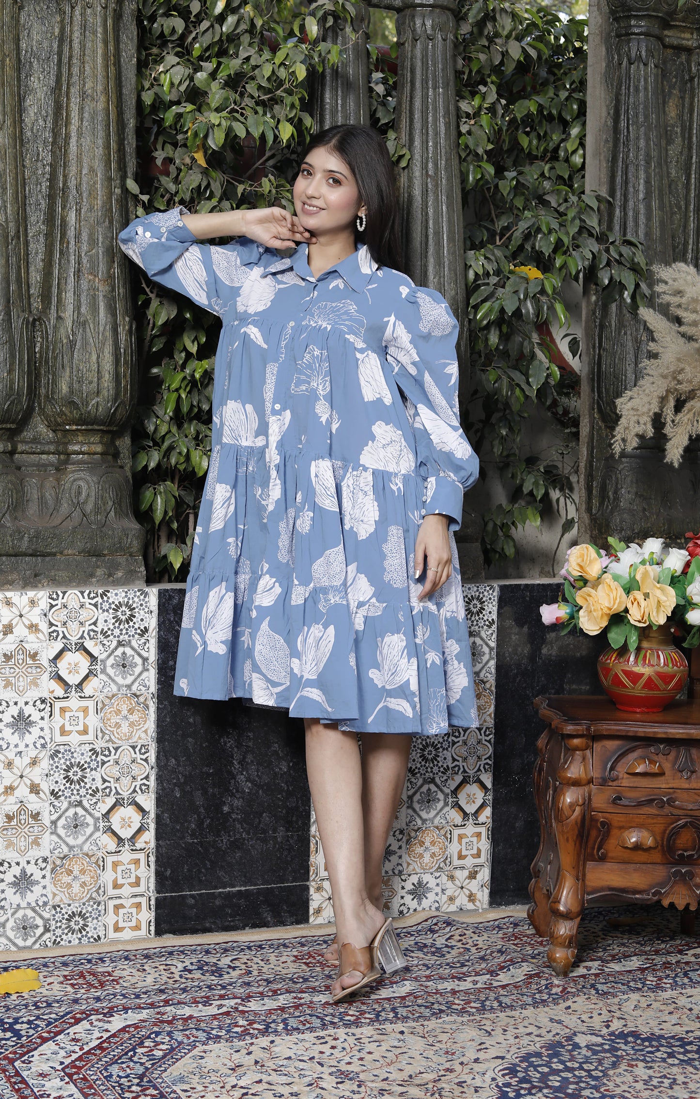 Miravan Womens Sky Blue Flower Printed Pure Cotton Collar Neck Loose Fit A-Line Tiered Dress