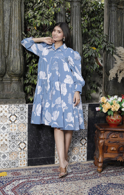 Miravan Womens Sky Blue Flower Printed Pure Cotton Collar Neck Loose Fit A-Line Tiered Dress