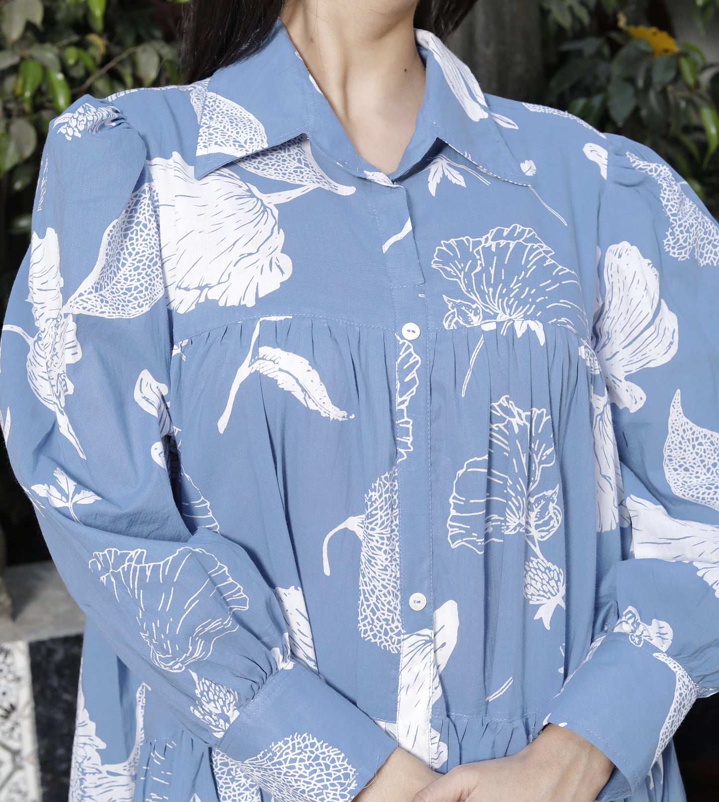 Miravan Womens Sky Blue Flower Printed Pure Cotton Collar Neck Loose Fit A-Line Tiered Dress