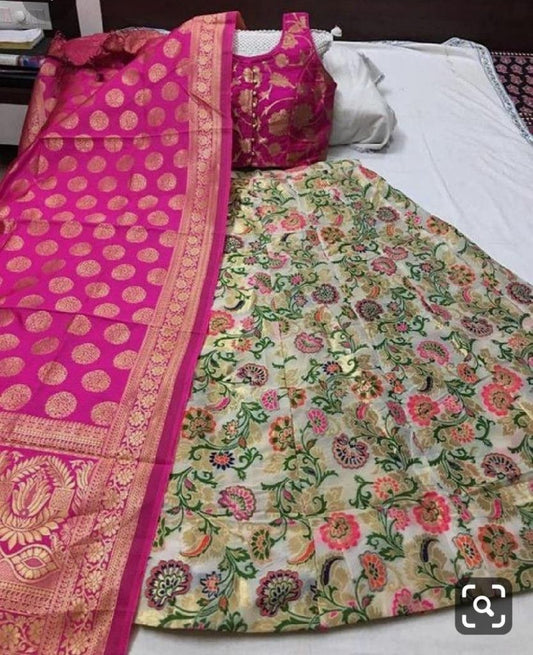 Semi Stitched  Banarasi brocade Lehenga With Padded  Blouse And Banarasi  Dupatta