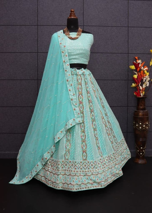 Titliyan Aqua blue Lakhnowi work lehenga
