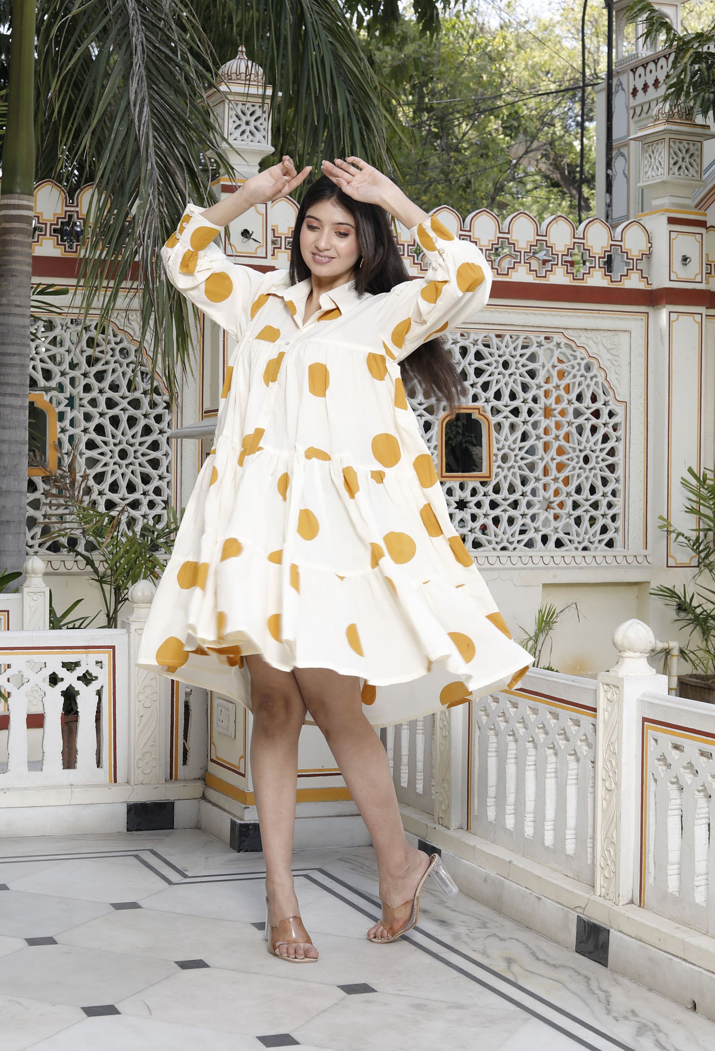 Miravan Womens Polka Dot Printed Collar Neck Yellow Loose Fit A-Line Tiered Dress