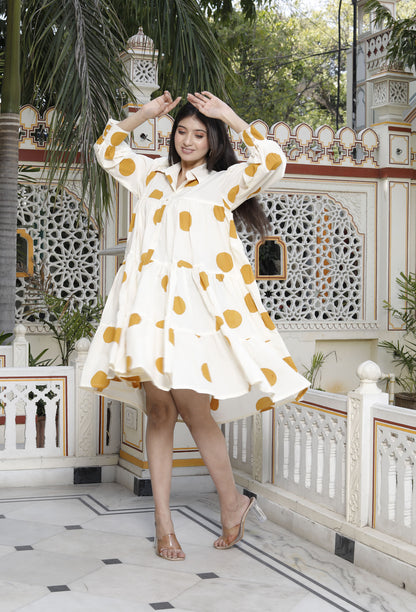 Miravan Womens Polka Dot Printed Collar Neck Yellow Loose Fit A-Line Tiered Dress