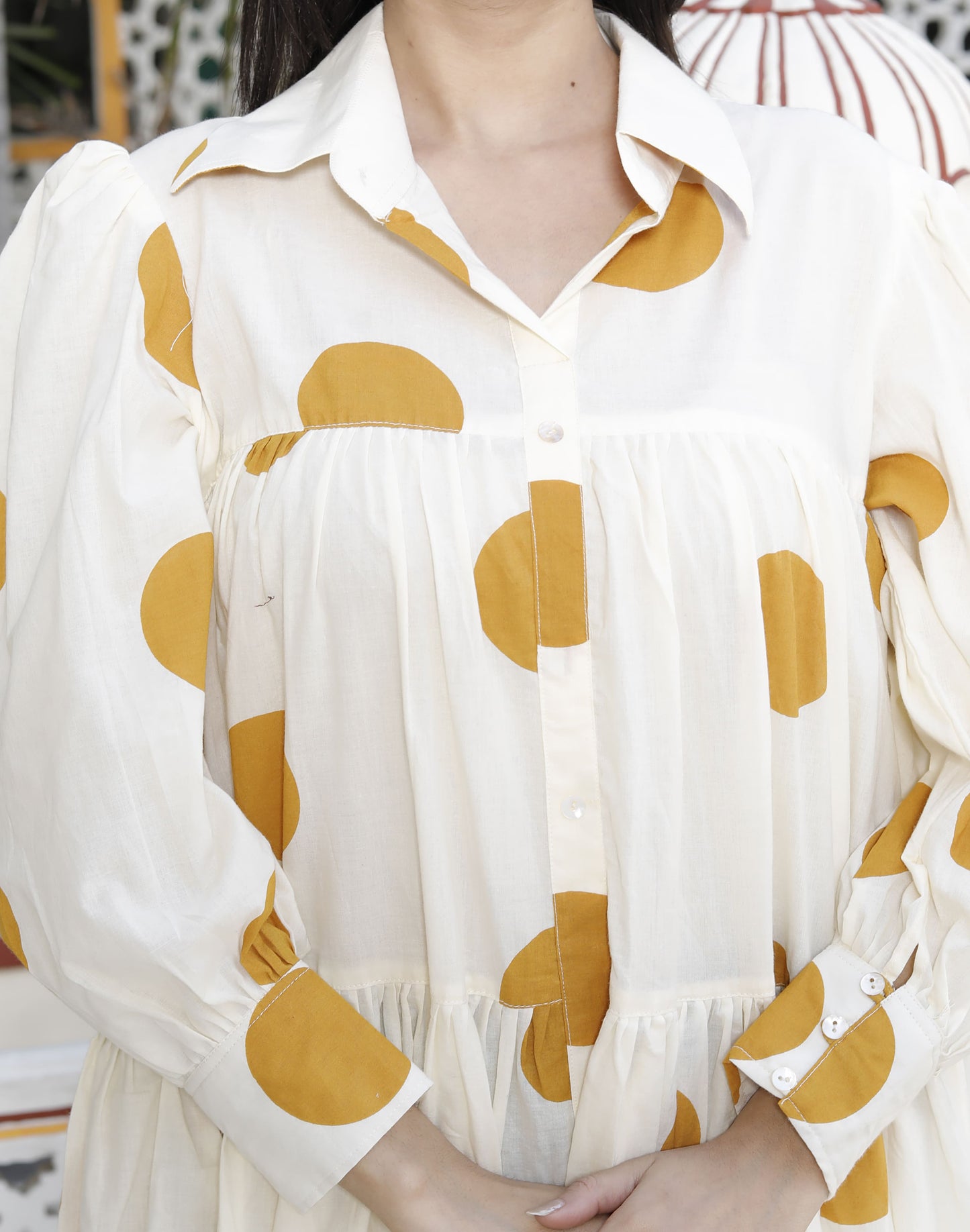 Miravan Womens Polka Dot Printed Collar Neck Yellow Loose Fit A-Line Tiered Dress