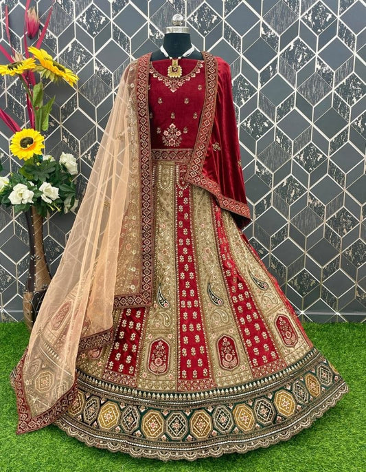Adorable Maroon Embroidered Velvet Bridal Lehenga Choli With Dupatta