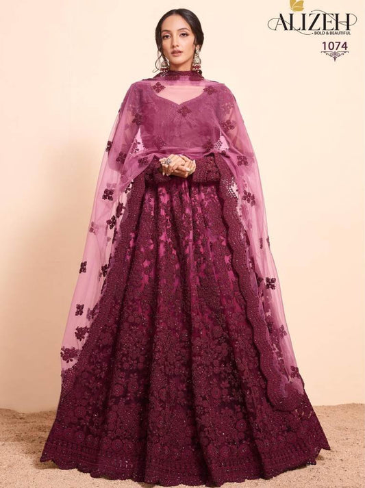 Alizeh Bridal Heritage Vol-4 Hit Designs 1074 Wine Net Lehenga