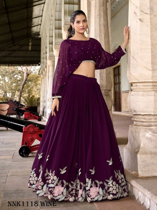 Anamika Georgette Wine Lehenga With Thread work