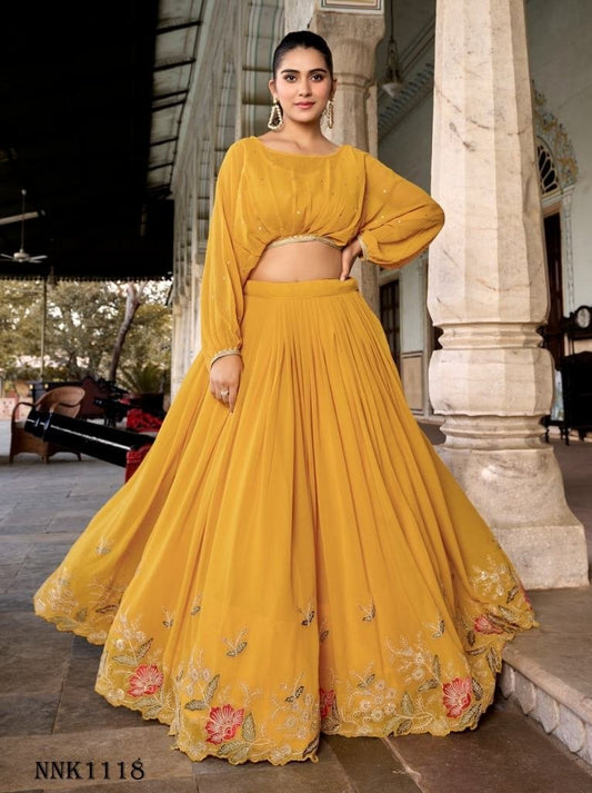 Anamika Georgette Yellow Crop top Lehenga With Thread work