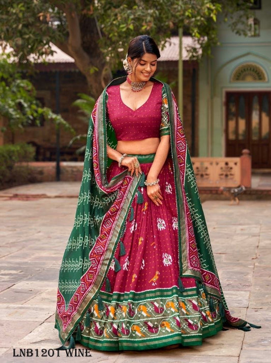 Aravati Tassar Silk Patola Print Wine Lehenga