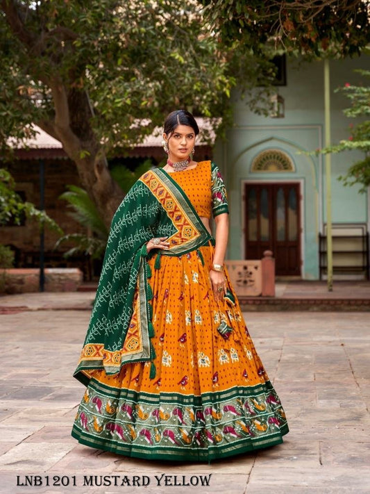 Aravati Tassar Silk Patola Print Mustard Yellow Lehenga