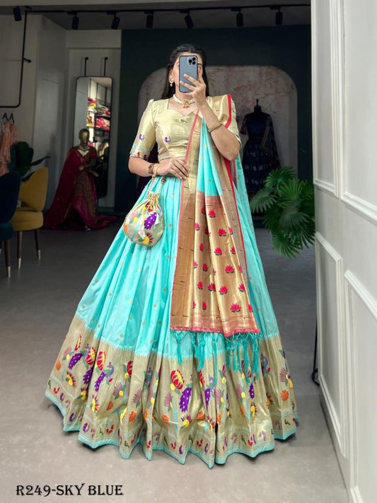 Atractive Sky Blue Jacquard Silk Paithani Lehenga Choli