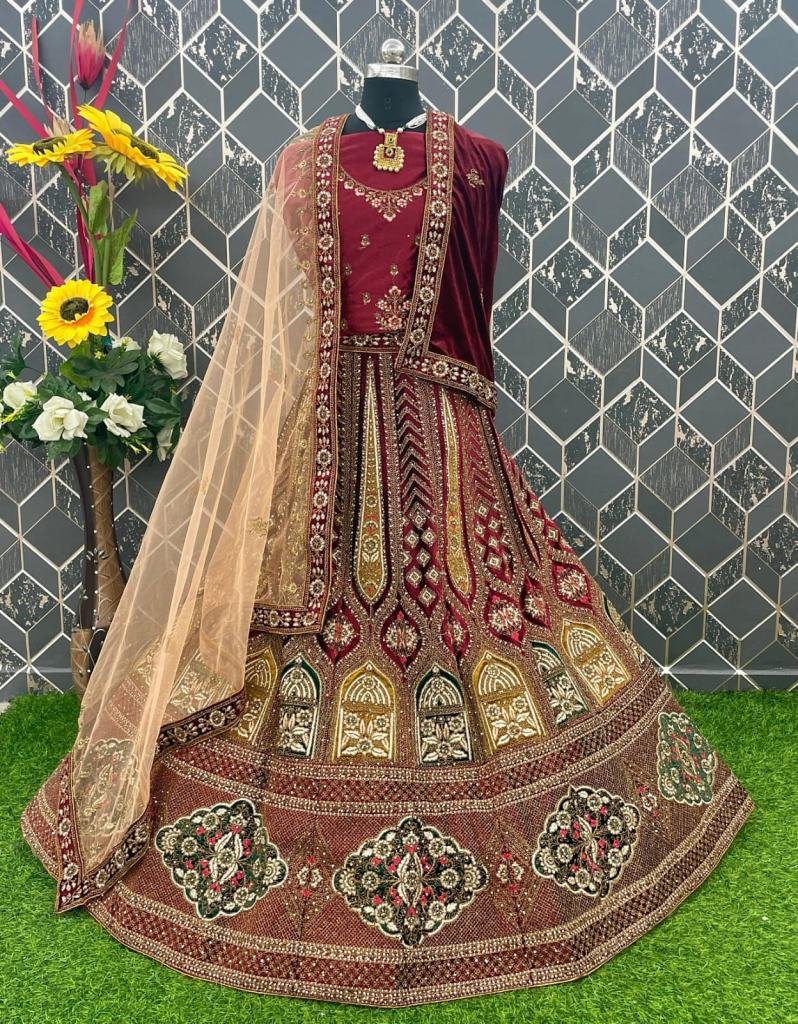 Attractive Embroidered maroon double dupatta bridal Lehenga