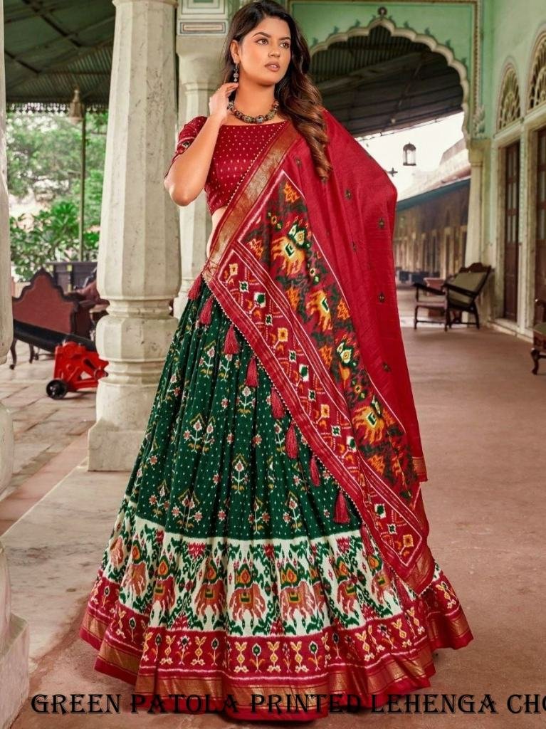 Attractive Green Patola Printed Tussar Silk With Bindi And Foil Print Lehenga choli