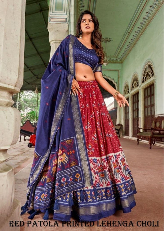 Attractive Red Patola Printed Tussar Silk With Bindi And Foil Print Lehenga choli