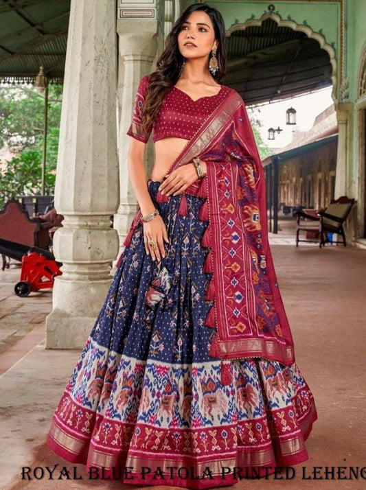 Attractive Royal Blue Patola Printed Tussar Silk With Bindi And Foil Print Lehenga choli