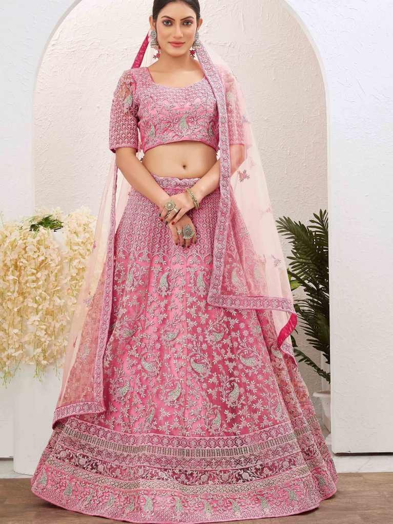 Baby Pink Net Semi Stitched Wedding Lehenga choli