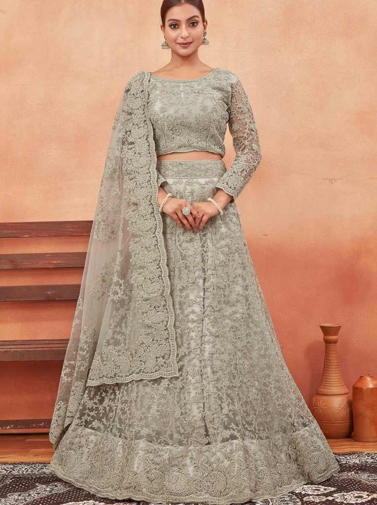 Beads Embroidered Dusty Gray Butterfly Net Semi Stitched Lehenga Choli