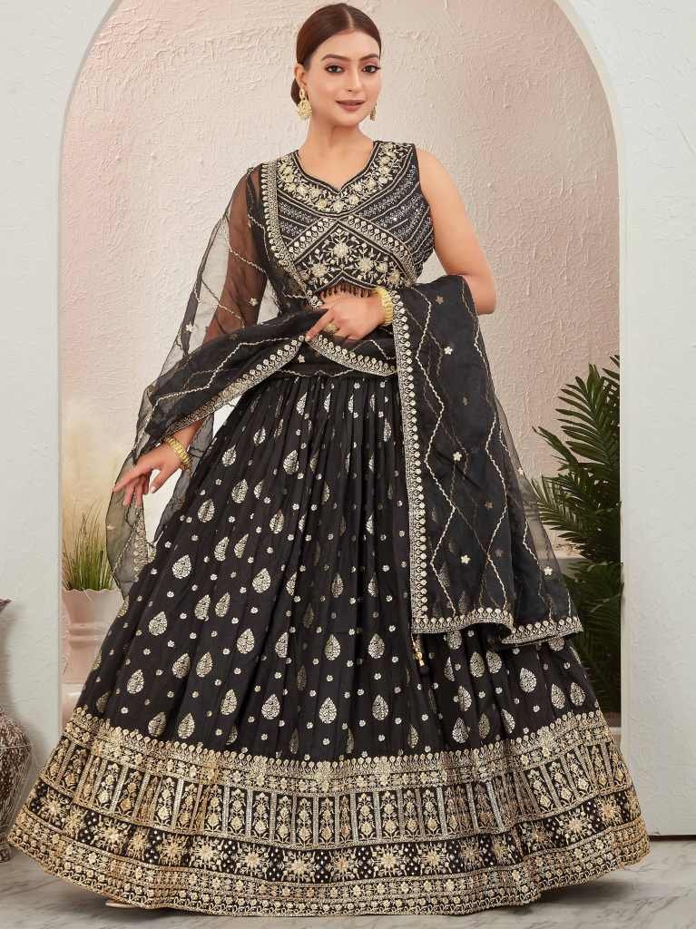 Beautiful Black Jacquard Dola Silk Lehenga Choli Set