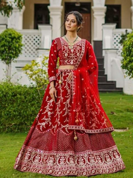 Beautiful Blood Red Siroski and Real Mirror Work Bridal Lehenga