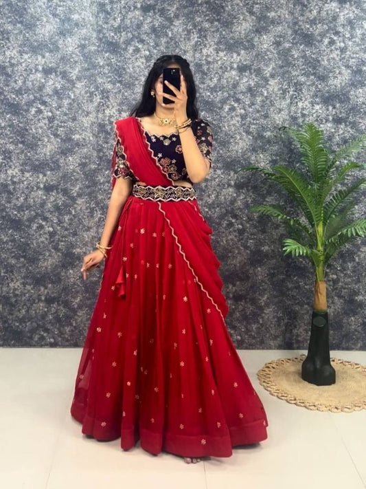 Beautiful Cut Work Red Georgette Lehenga Choli