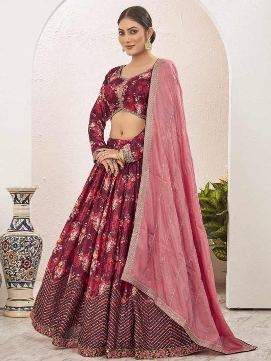 Beautiful Digital Printed Silk Blend Brown Lehenga Choli Set