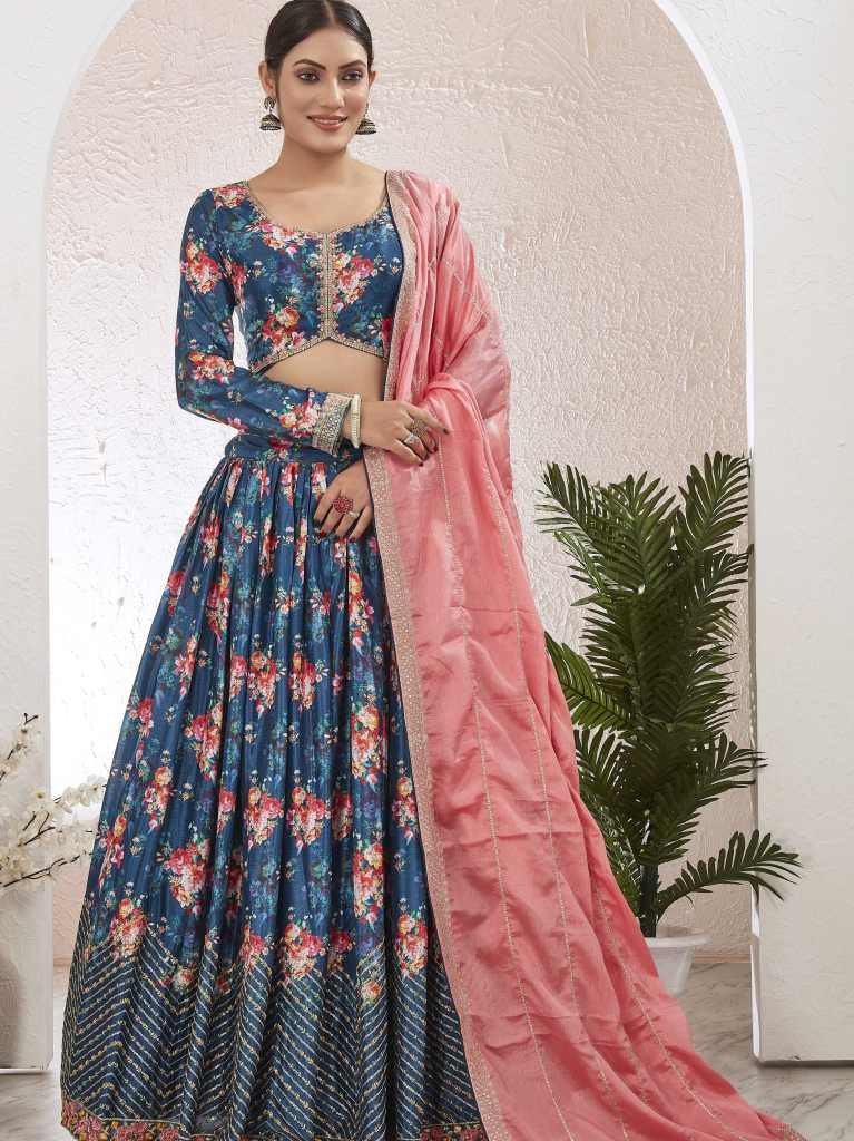 Beautiful Digital Printed Silk Blend PetroBlue Lehenga Choli Set