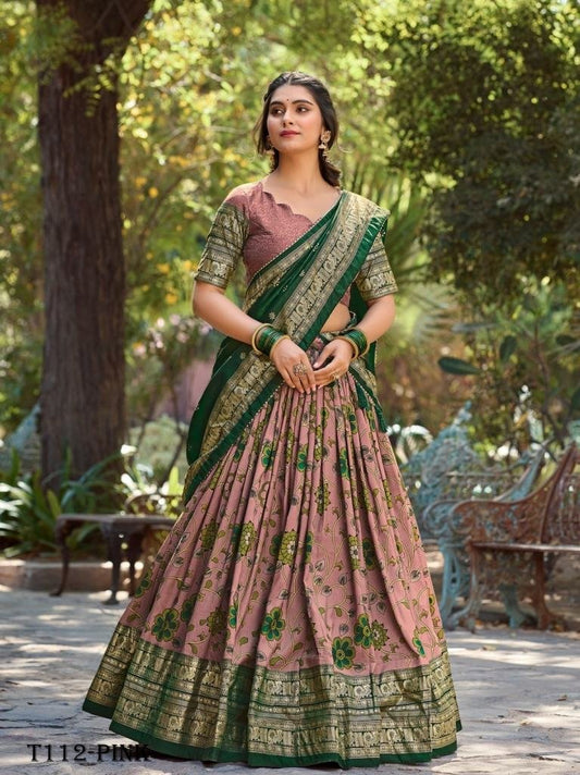 Beautiful Dusty Pink Kalamkari Printed Silk Festival Wear Lehenga Choli