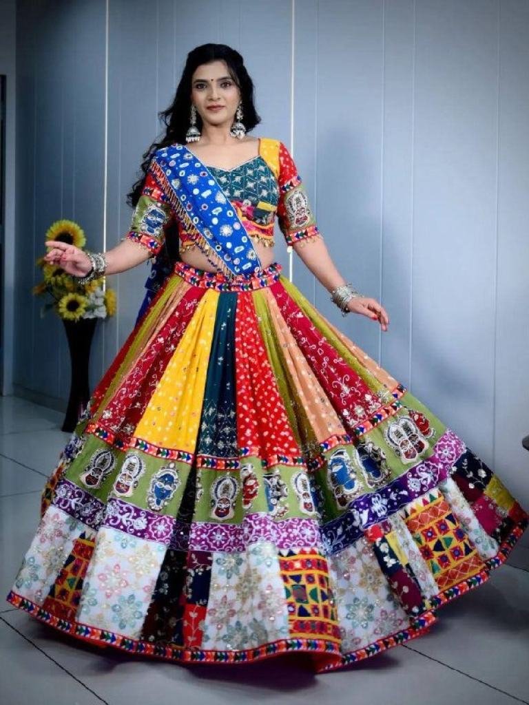 Beautiful Multi Colour Navratri Lehenga With Real Mirror Work