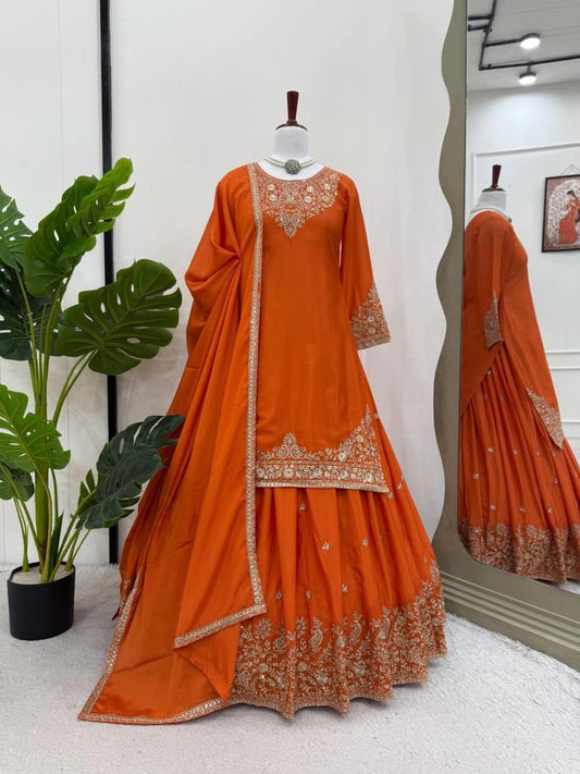Beautiful Orange Short Kurti And Silk Lehenga With Sequence Work