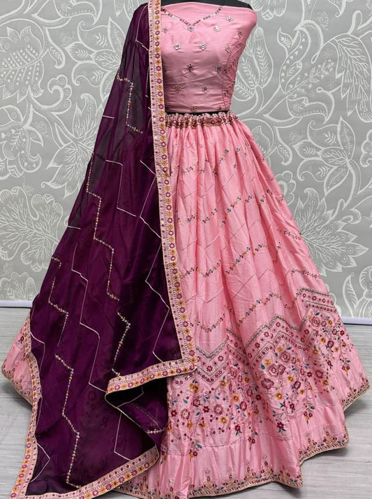 Beautiful Peach Rangoli Silk Embroidered Lehenga-2680