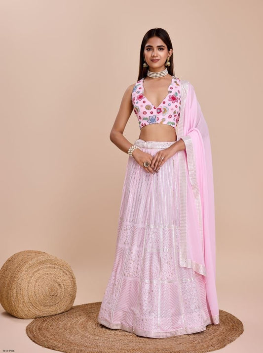 Beautiful Pink Georgette Lehenga Choli With Semi Stitched