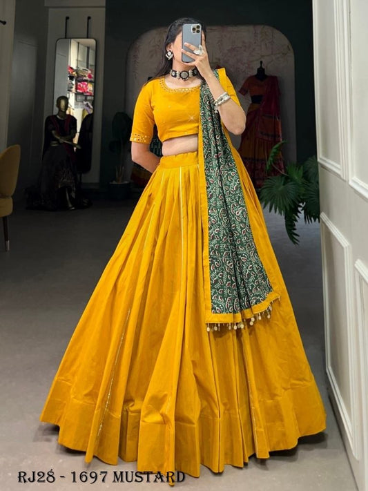 Beautiful Traditional Gamthi Mirror Work Mustard Lehenga Choli